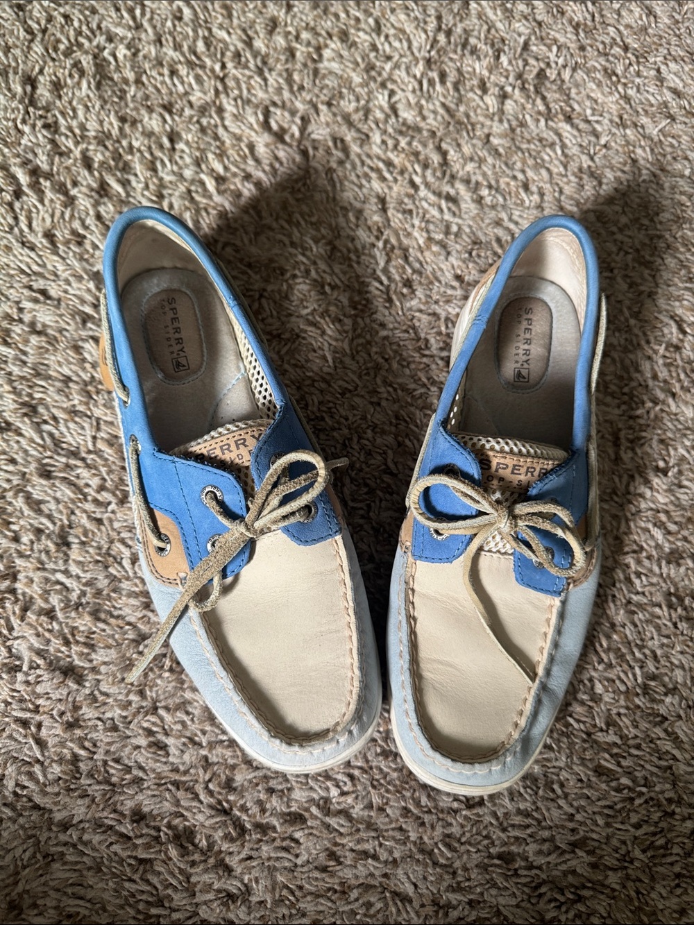 Sperry Blue and Cream Leather Moccasin Boat Shoes